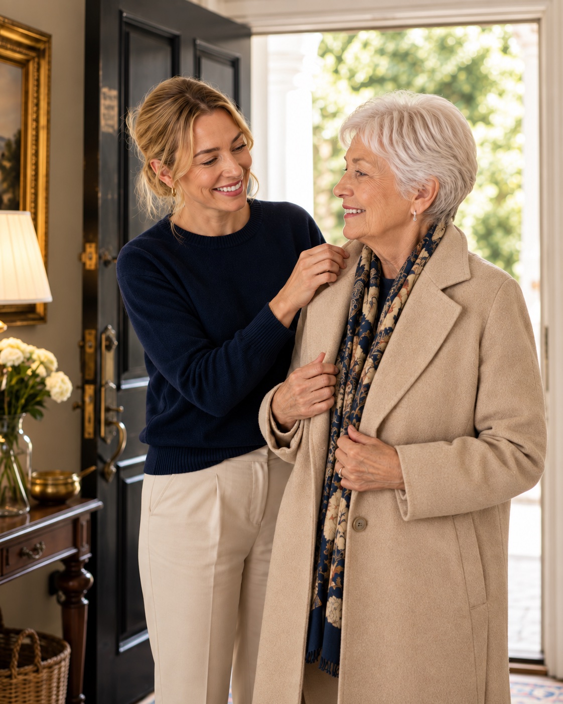 A carer helping an older woman with her coat at the front door