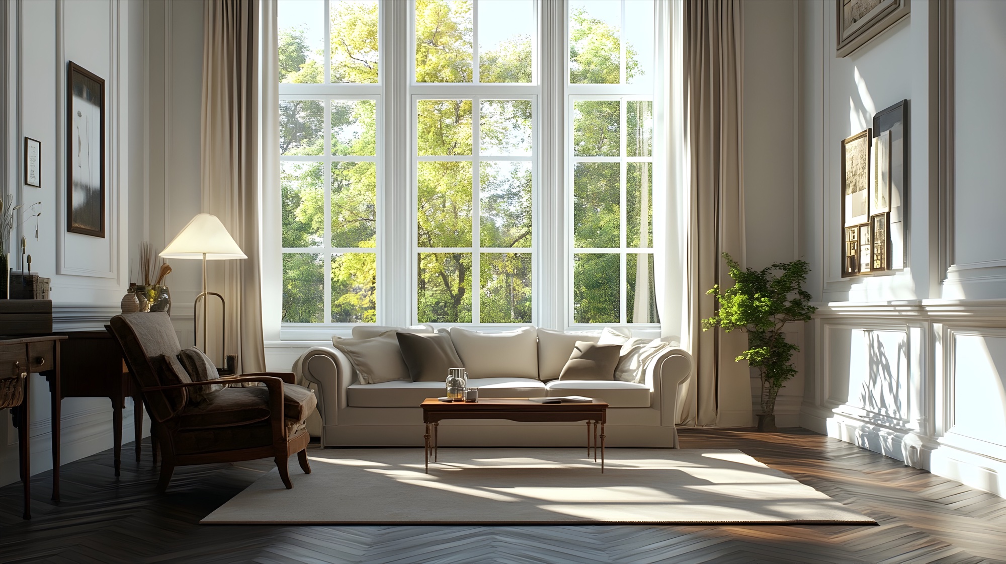 A sunlit sitting room with tall windows and comfortable seating
